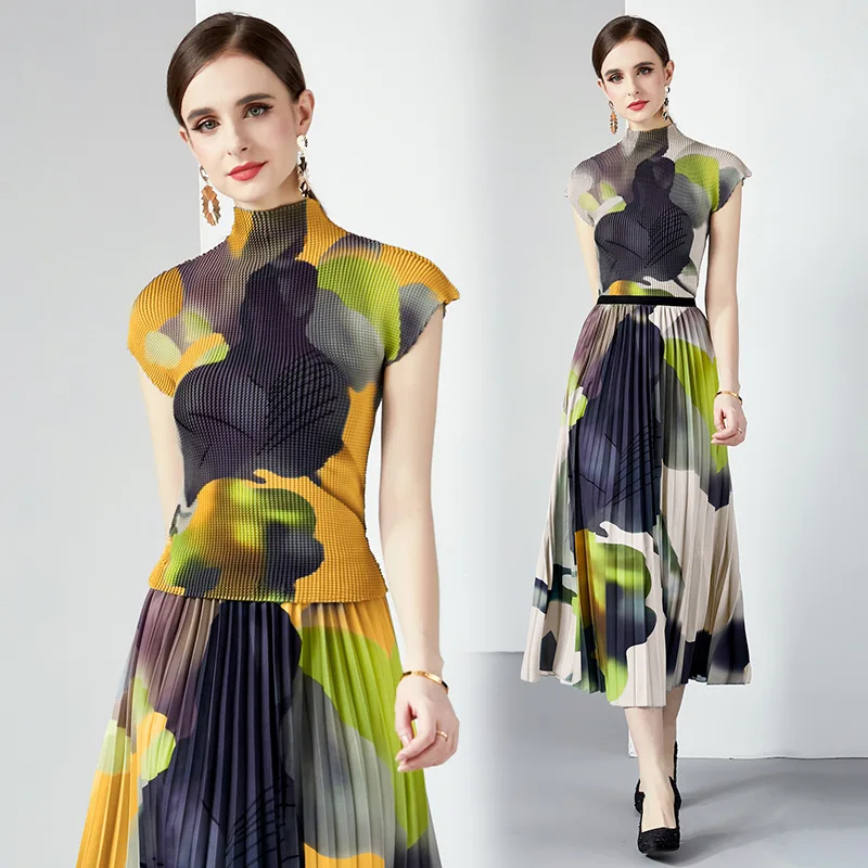 

2023 Summer Women's New Three House Ruffled Fashion Set Short Sleeve Top+ Ruffled Printed Half Skirt 2 Piece Sets Women Outfits
