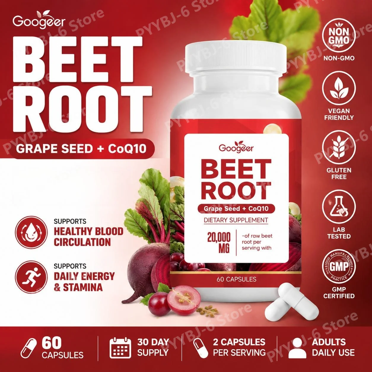 Beet Root Capsules with Grape Seed & CoQ10 60 Count Dietary Supplement for Energy Antioxidant Metabolism Daily Wellness Support