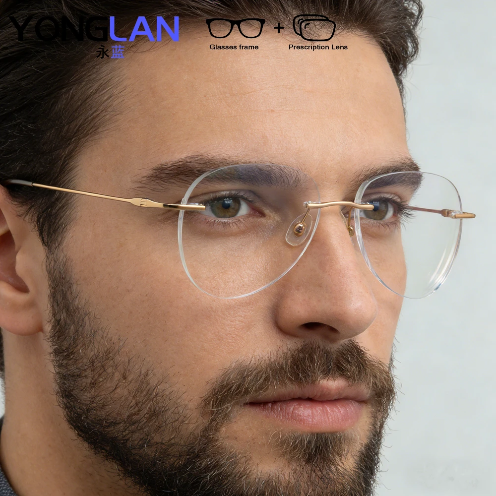 YONGLAN Optical Prescription Rimless Glasses Aviation Titanium Alloy Myopia Hyperopia Progressive Multifocal Eyeglasses Men