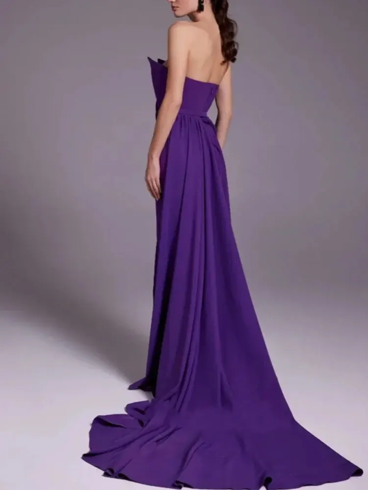 Sexy Slim Fit Strapless Pleated Ball Dress Formal Ball Dress Dubai Women's Party Dress Purple Watteau Train Evening Dress