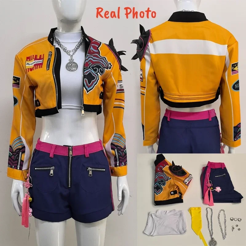 アニメ映画 KPop デーモンハンターズ ルミ・ハントリックス制服ハロウィンコスプレ衣装黄色のジャケットイヤリングショーツ女性女の子