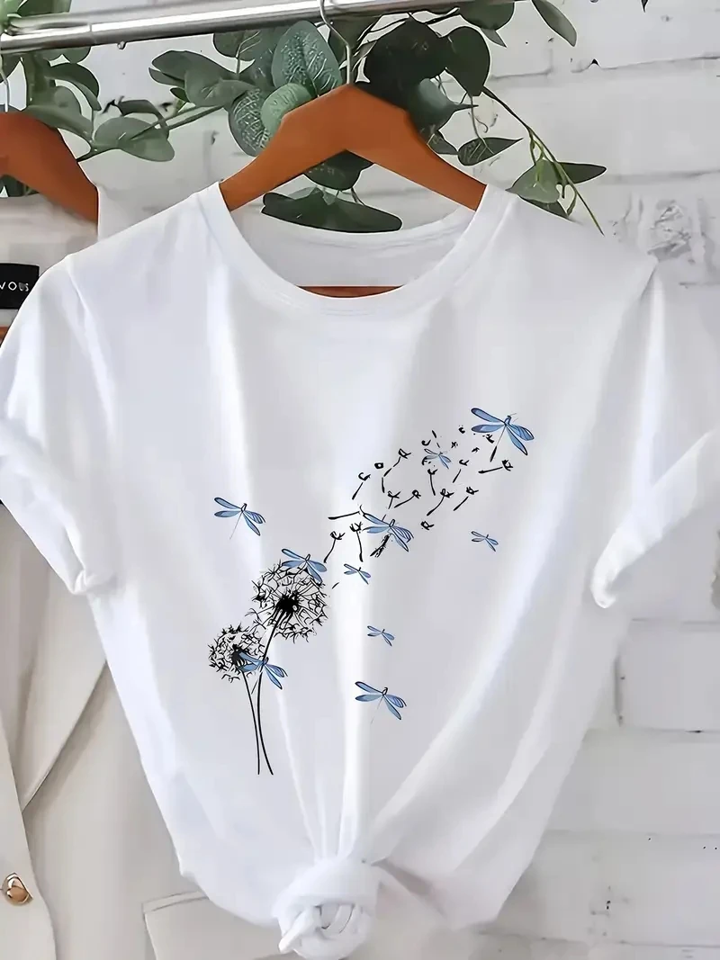 プラスサイズ レディース カジュアル 半袖 Tシャツ 洗濯機洗い可能 ホワイト ラウンドネック 幾何学模様 花柄 & 自転車プリント