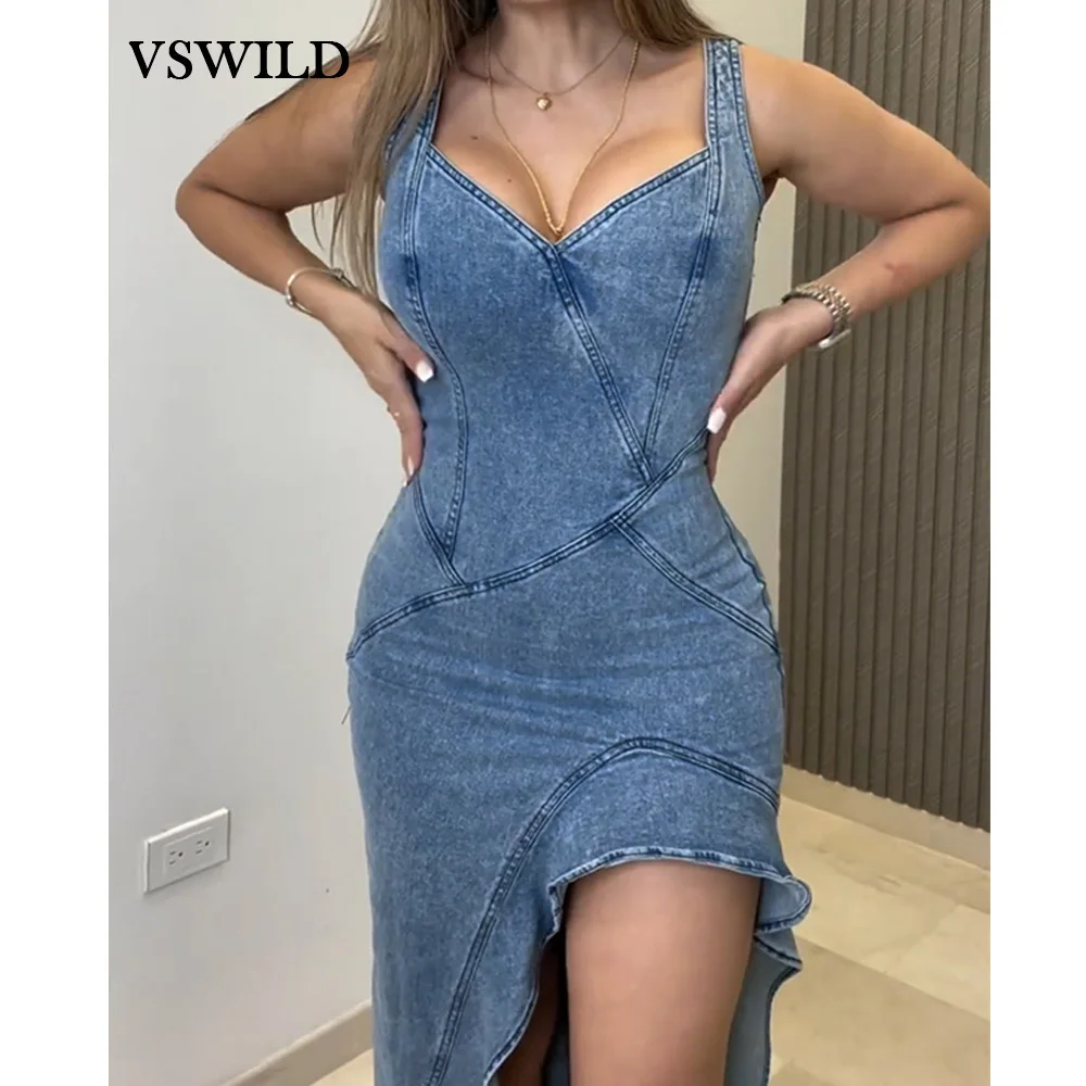 Sleeveless V-Neck Strap Women Denim Dresses Irregular lace design Slim Fit Slit Long Dress Elegant Female fashion X-Shape