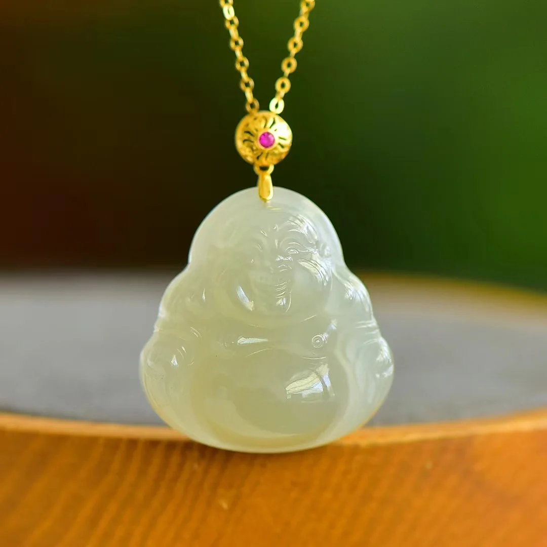 

Hetian Jade Qinghai Material Jewelry Violet Ice Bottom Happy Maitreya Buddha Pendant 1344-1#