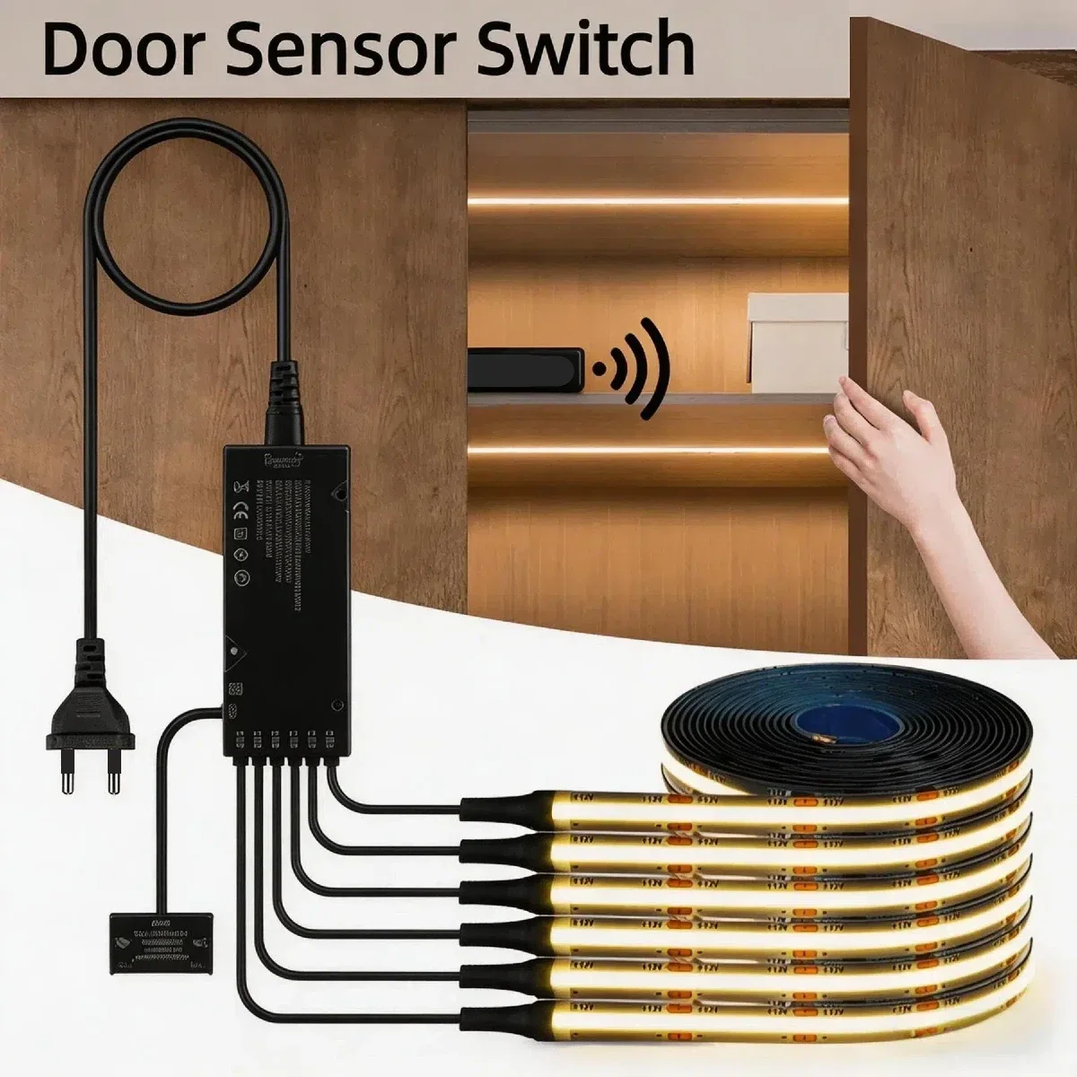 2/4/6/10PCS Smart Door Sensor Control Black PCB Board COB LED Strip Light Kit DC12V Cuttable Strip For Cabinet Showcase