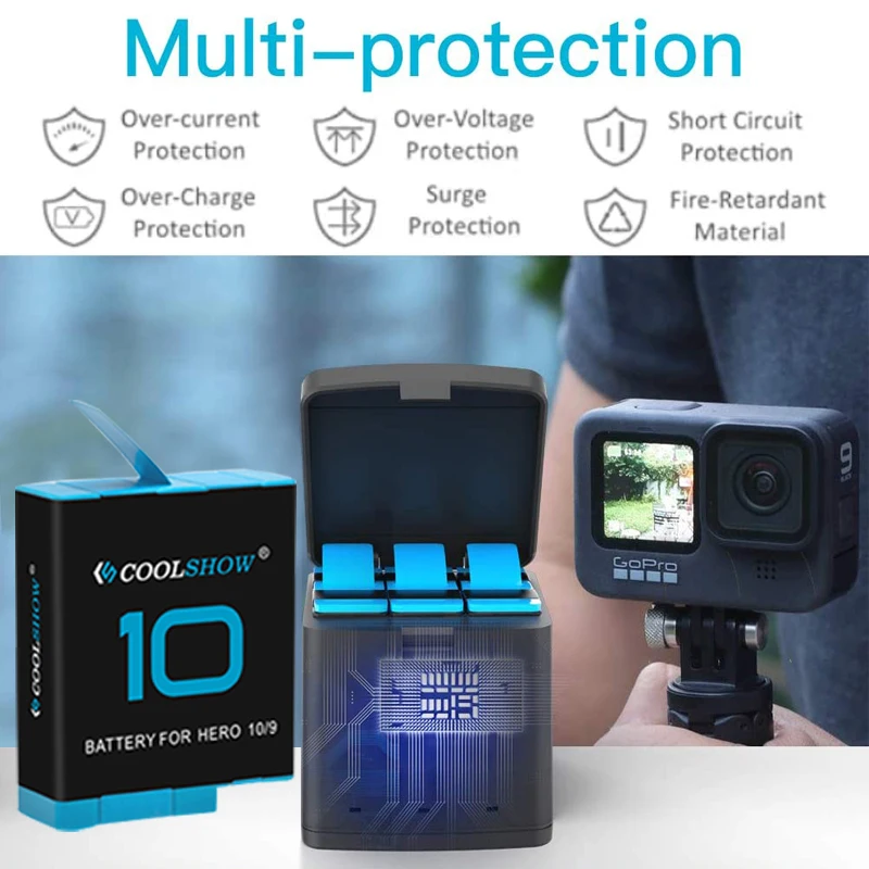Coolshow-Accesorios de batería para Gopro Hero 10, cargador de batería de cámara de 1800mah, color negro, 11, 12, 10, 9