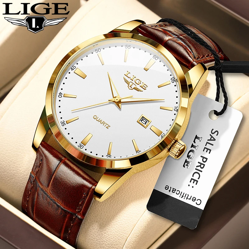 LIGE Fashion Simple Quartz Watches for Men Brown Leather Strap Military Casual Sports Man Wristwatch Waterproof Date Chronograph