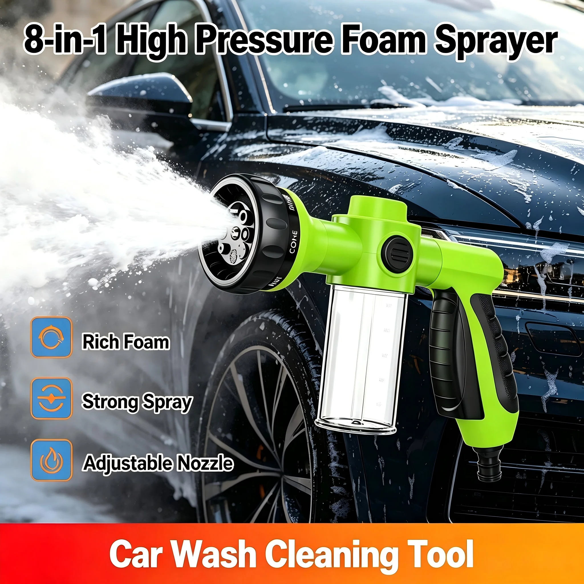 High-pressure Car Wash Foam Sprayer, Adjustable Water Gun in Multiple Modes, Multi-purpose Soap-containing Spray Gun for Garden