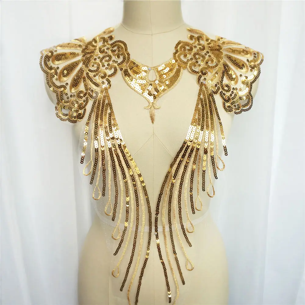 1 Set Gold Lace Fabric Noble Gown Sequin Applique Embroidery Tassel Collar Mesh Sew Patch For Wedding Dress Clothes DIY Decor