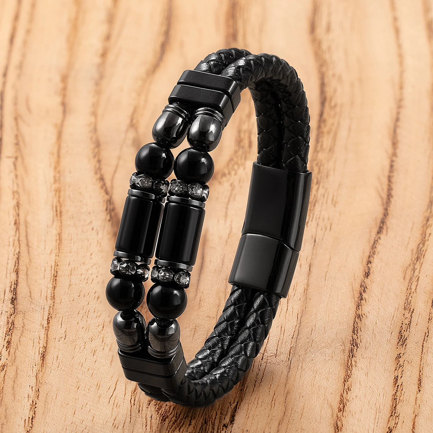 Natural Agate Tiger Eye Stone Bracelets Men\'s Jewelry Braided Leather Handmade Male Bangles 2024 New Stainless Steel Jewelry
