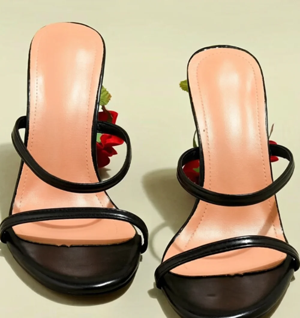 Black/White/Red Open-Toe Strappy Sandals Rose Stem Heel Minimalist Thin Leather Straps Unique Floral Heel Women's Summer Sandals