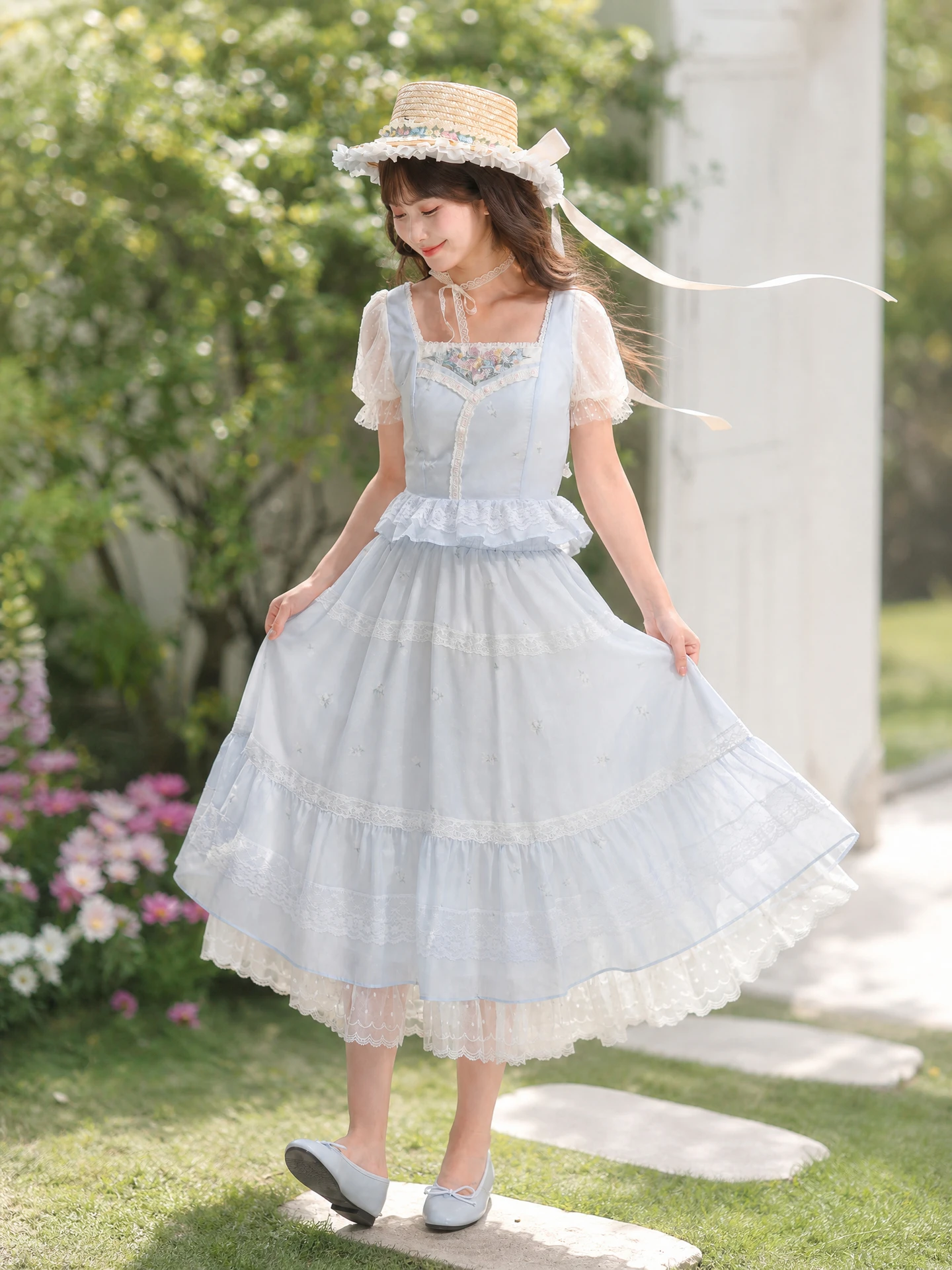 Sweet Style Embroidered Lace Bubble Sleeve Short Waist Design Women's Top Summer Fashion High Waist Zipper Closure Polyester ...