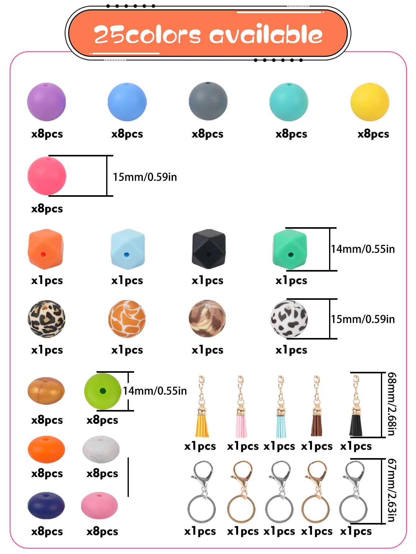 114pcs diy keychain supplies 15mm silicone beads for keychain making assorted colorful big bulk beads focal beads for jewelry