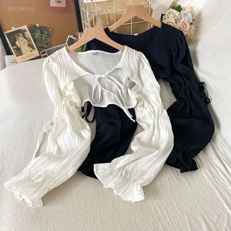 2026 Women Summer Y2k Aesthetic Bandage Grunge Shirts Harajuku Solid Vintage Crop Top Sexy Streetwear Lantern Sleeve Blouses