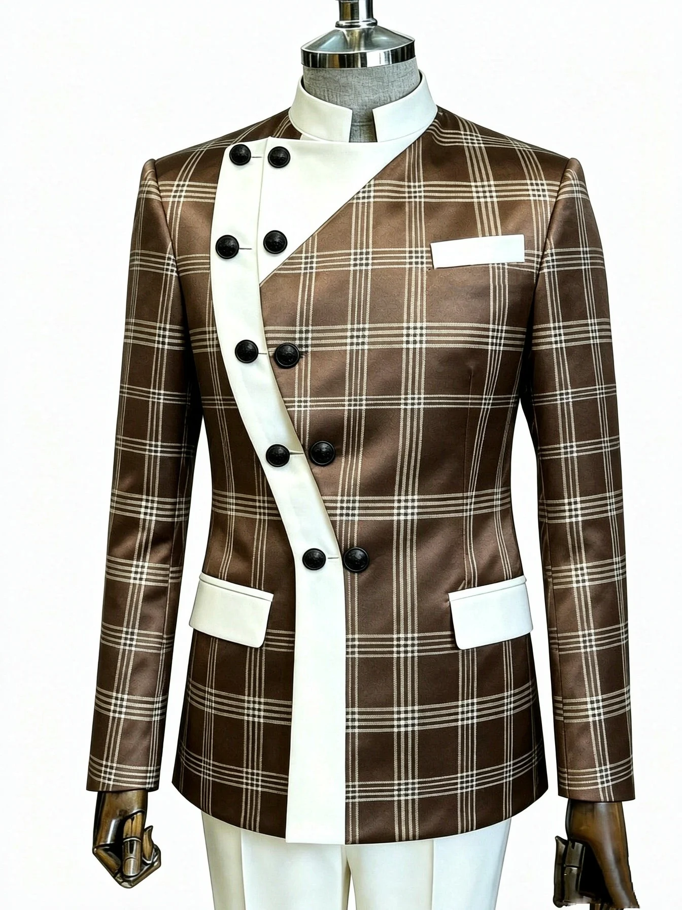 Mens Mandarin Collar Color Block Plaid Blazer Slim Fit Asymmetrical Double Button Formal Wedding Groom Suit Jacket