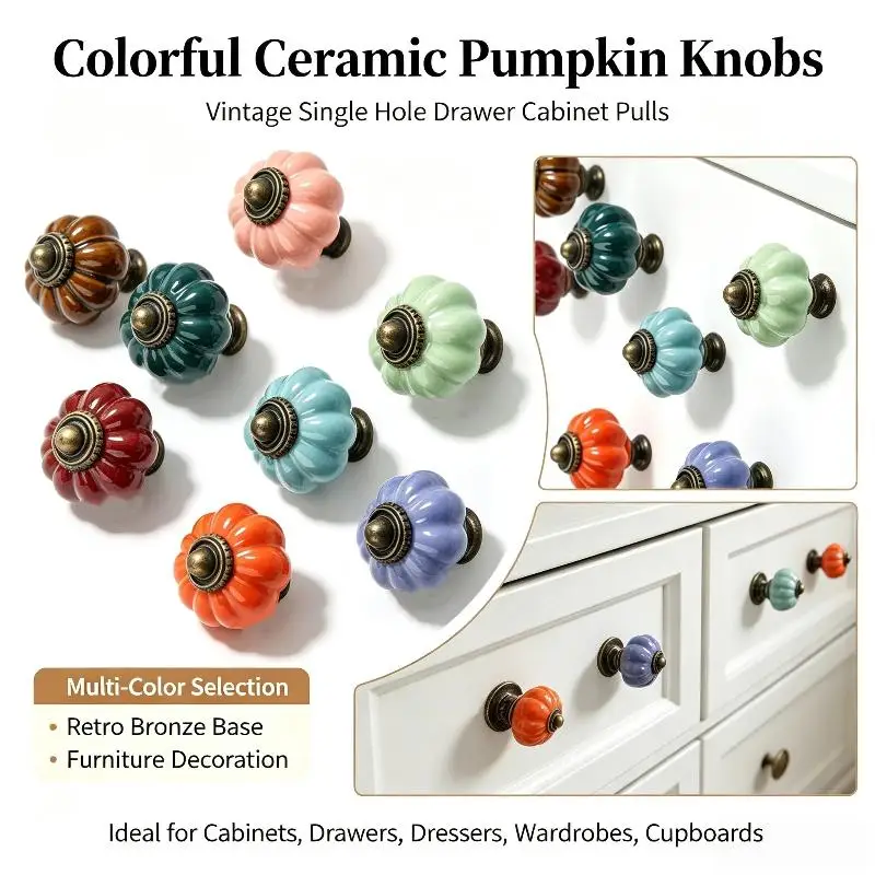 1Pcs European Style Vintage Cabinet Knob Simple Single Hole Ceramic Pumpkin Handle Round Door Pull