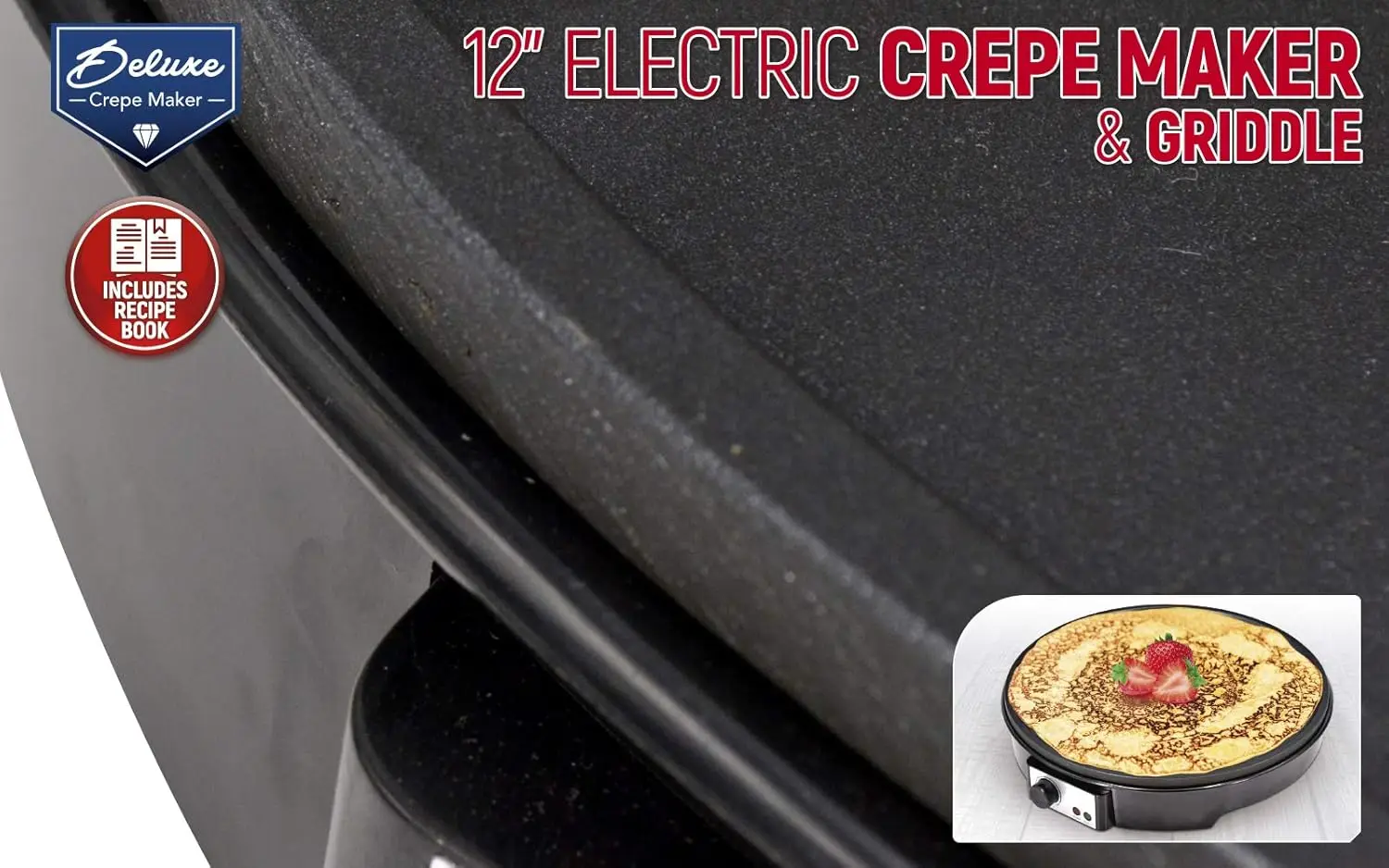 صانعة الكريب الفرنسي الكهربائية غير اللاصقة مقاس 12 بوصة مع كتاب الوصفات |   موقد ألومنيوم مع تحكم في درجة الحرارة قابل للتعديل، شبكة Ho