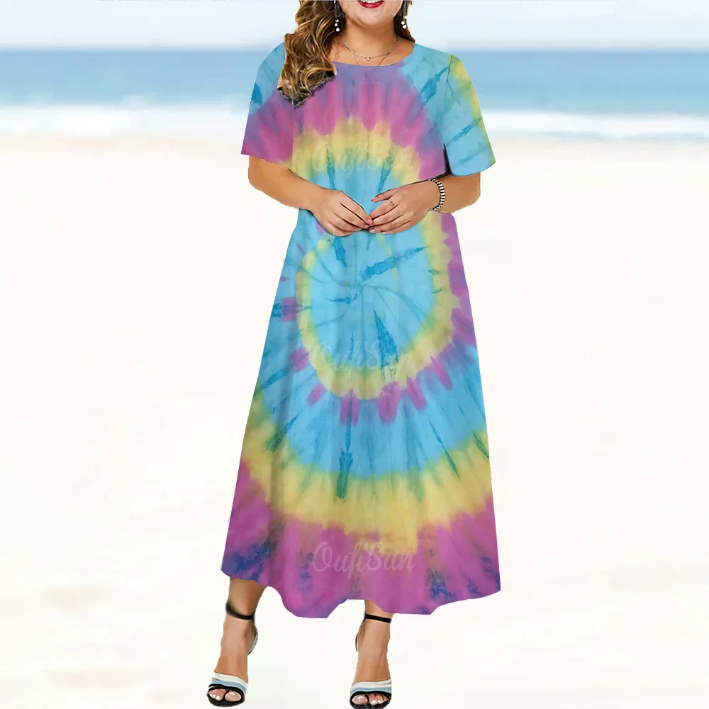 2024 New Design Sukienki damskie Tie Dye Print Eleganckie i piękne sukienki midi Plus Size Kobieca sukienka z krótkim rękawem Lato