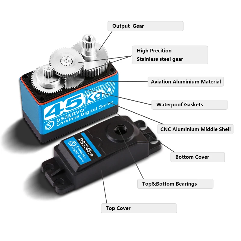 Dsservo-engranaje de Metal sin núcleo, 4 piezas, resistente al agua, 45kg, para 1/8, 1/10, 1/12, Baja RC, coche, camión, Robot, Quadcopter