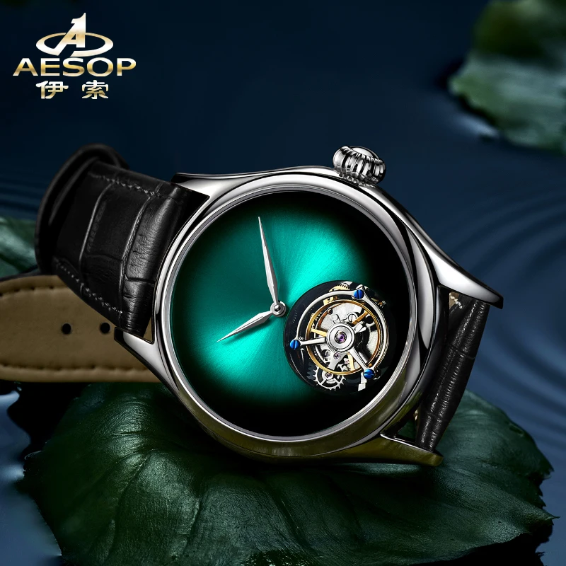 Aesop Tourbillon นาฬิกาผู้ชายจริง Flying Tourbillon Simple Dial Sapphire Manual Mechanical นาฬิกาหนังผู้ชายธุรกิจ Luxury7009