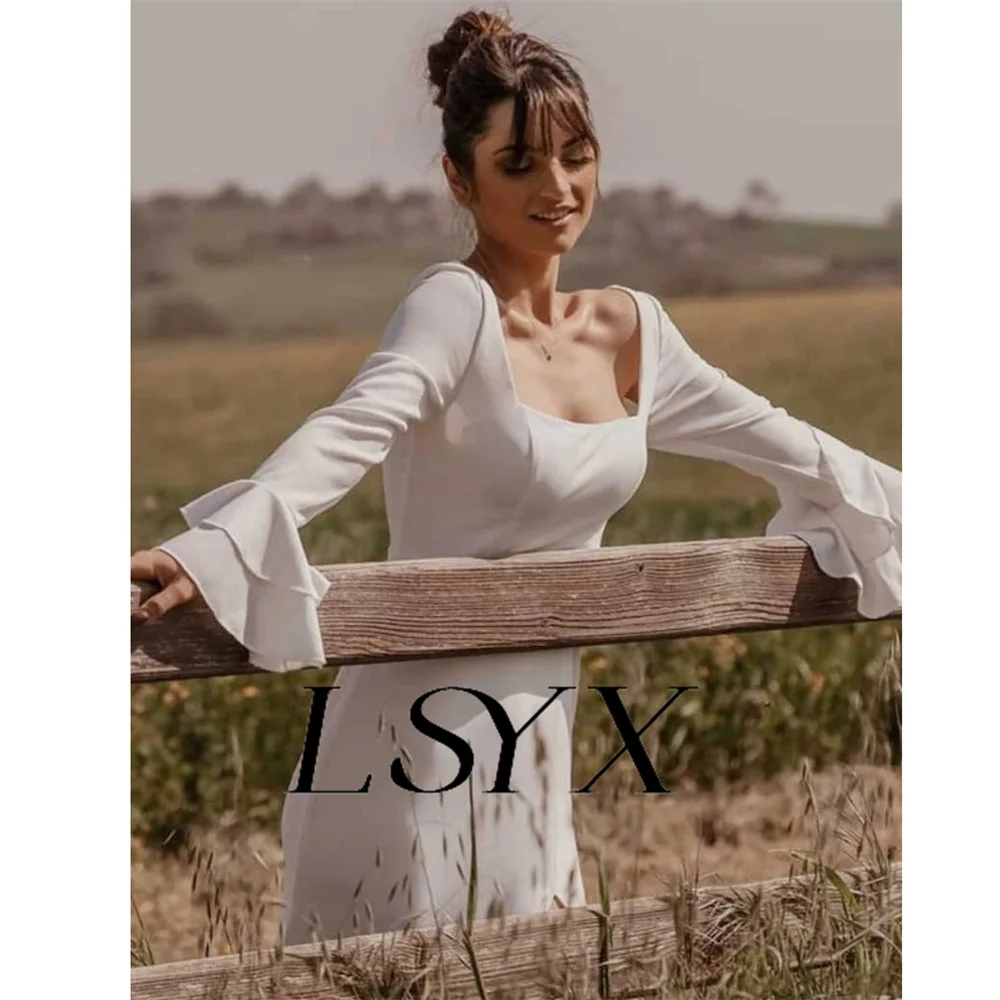 Lsyx Vierkant-Chiffon A-Linie lange Puff ärmel Brautkleid offener Rücken hohe Seite Schlitz Court Zug Brautkleid nach Maß