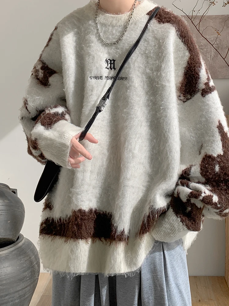 

Мужской свитер свободного кроя с круглым вырезом, большие размеры (до 250 фунтов), в ретро-японском стиле, осенне-зимний, модный, больших размеров