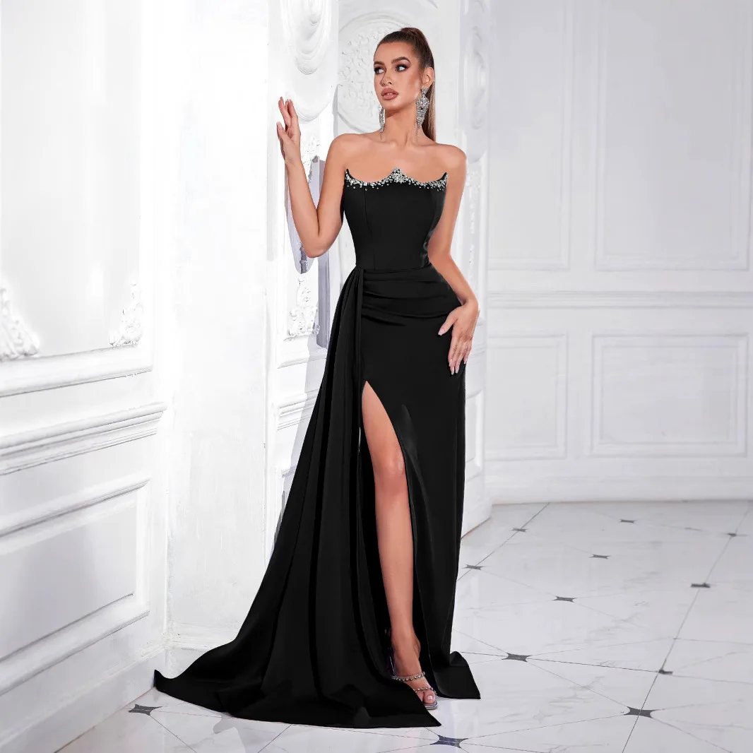 

Ele Pure Color с драпировкой и бриллиантами, вечернее платье из шелкового материала с высокой талией для праздника Par, воротник-стойка, весна 2025 г.