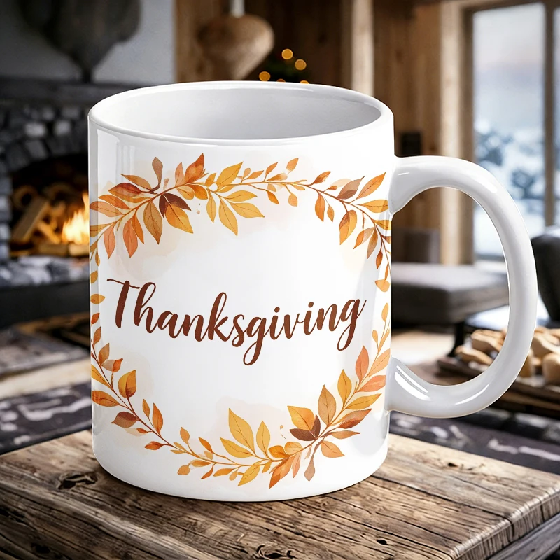 

Autumn Leaf Wreath Handle Ceramic Mug, Full Print Pattern Coffee Mug, Insulated Milk Mug, Water Cup for Office, Fade-Resistant