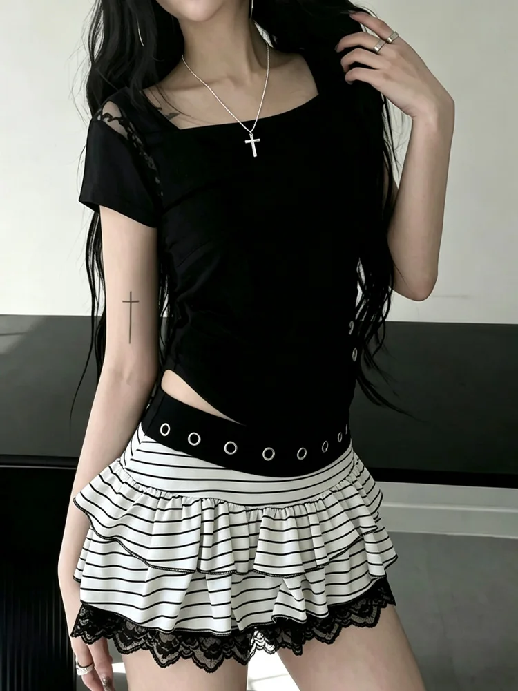 Gothic Y2K Harajuku Women's Low Waist Striped Mini Skirt with Perforation Multi Layer Folded Lace Striped Skirt Spicy Girl Short
