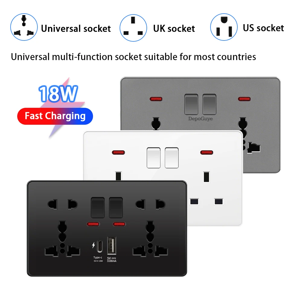 Picture 5: 18W Type-C Plug Quick Charging Universal 5-pin Dual Power Socket,UK Standard 13A Wall Socket with DC 5V 3.1A Type-c USB Charger