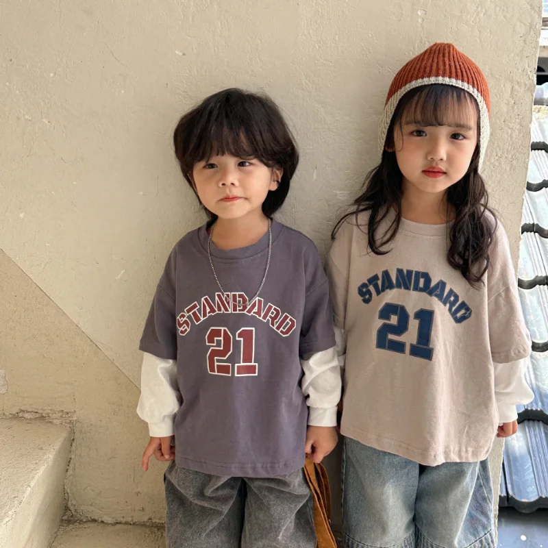 2024 New Autumn Kids patchwork long sleeve T shirts Letters printing cotton Tees Boys Girls soft loose pullover