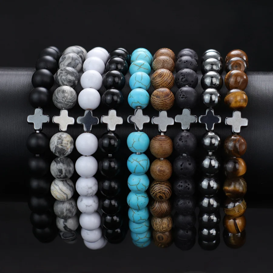 Stilvolle Naturstein Kreuz Armband Männer Klasse A Holz Tigeraugen Howlith Heilung Hämatit Perlen Charme Armband Homme Hand Joias