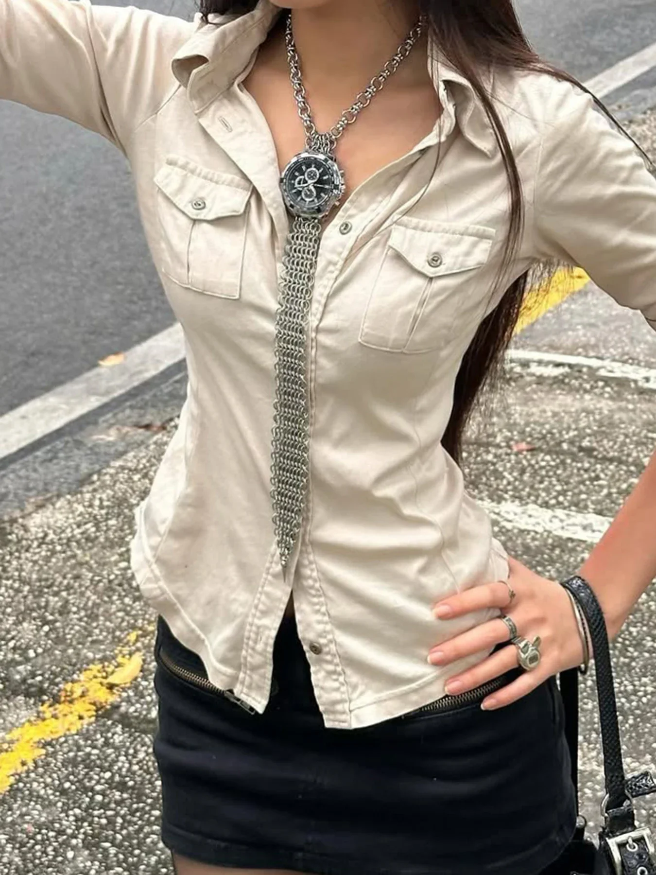 

Fashion Solid Packet Slim Fit Women Shirts Causal Y2k Summer Chic Up Turn Down Collar Basic Blouses