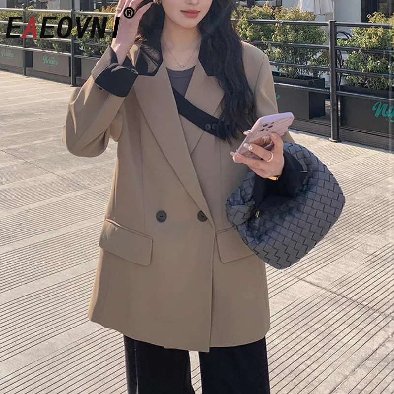 

EAEOVNI Khaki Contrast Color Women's Blazer Coat Vintage Loose Button V Neck Long Sleeve Jacket Fashion 2025 Autumn Winter New