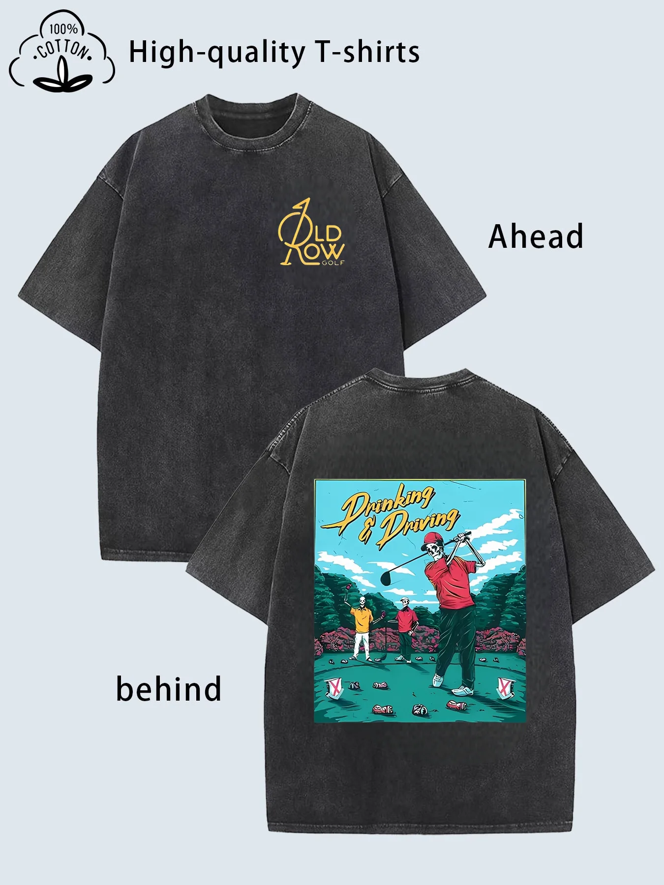 

Men's washed cotton double-sided printed round neck T-shirt, street trend men's T-shirt, skeleton golf ball