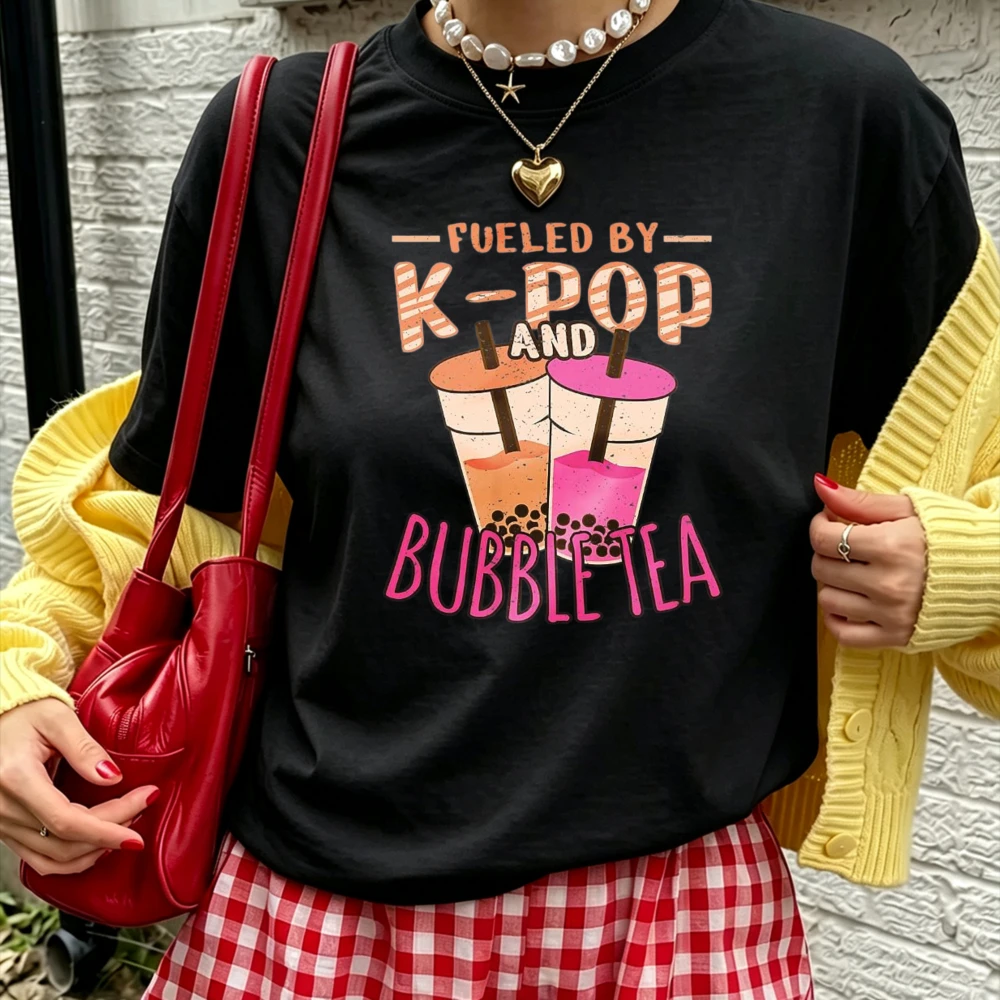 Fueled By K Pop and Bubble Tea Two Milk Tea Cups Funny Slogan Print Women Cotton T Shirt Kpop Fans Gift Trendy Graphic Daily Top