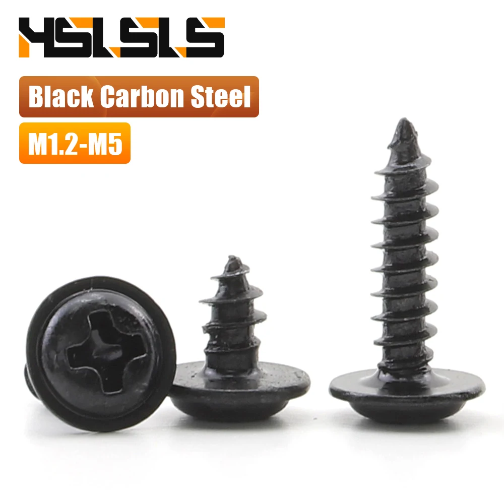 M1.7 M2 M2.3 M2.6 M3 M3.5 M4 M5 PWA Cross Round Head with Cushion Self-tapping Screw Black Plated Pan Head Screw with Washer