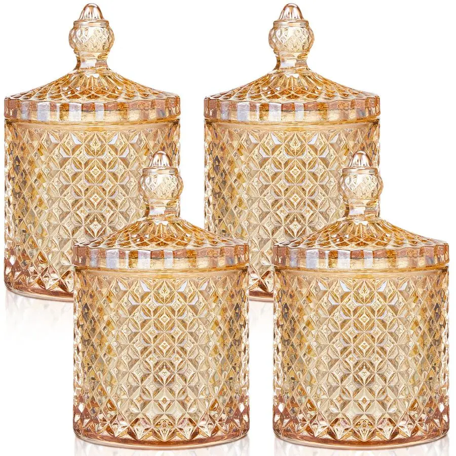 

4 Pcs Crystal Glass Candy Jar Set with Lids Home Decorative Storage Jars for Apothecary, Bathroom, Kitchen, and Pantry, Ideal fo