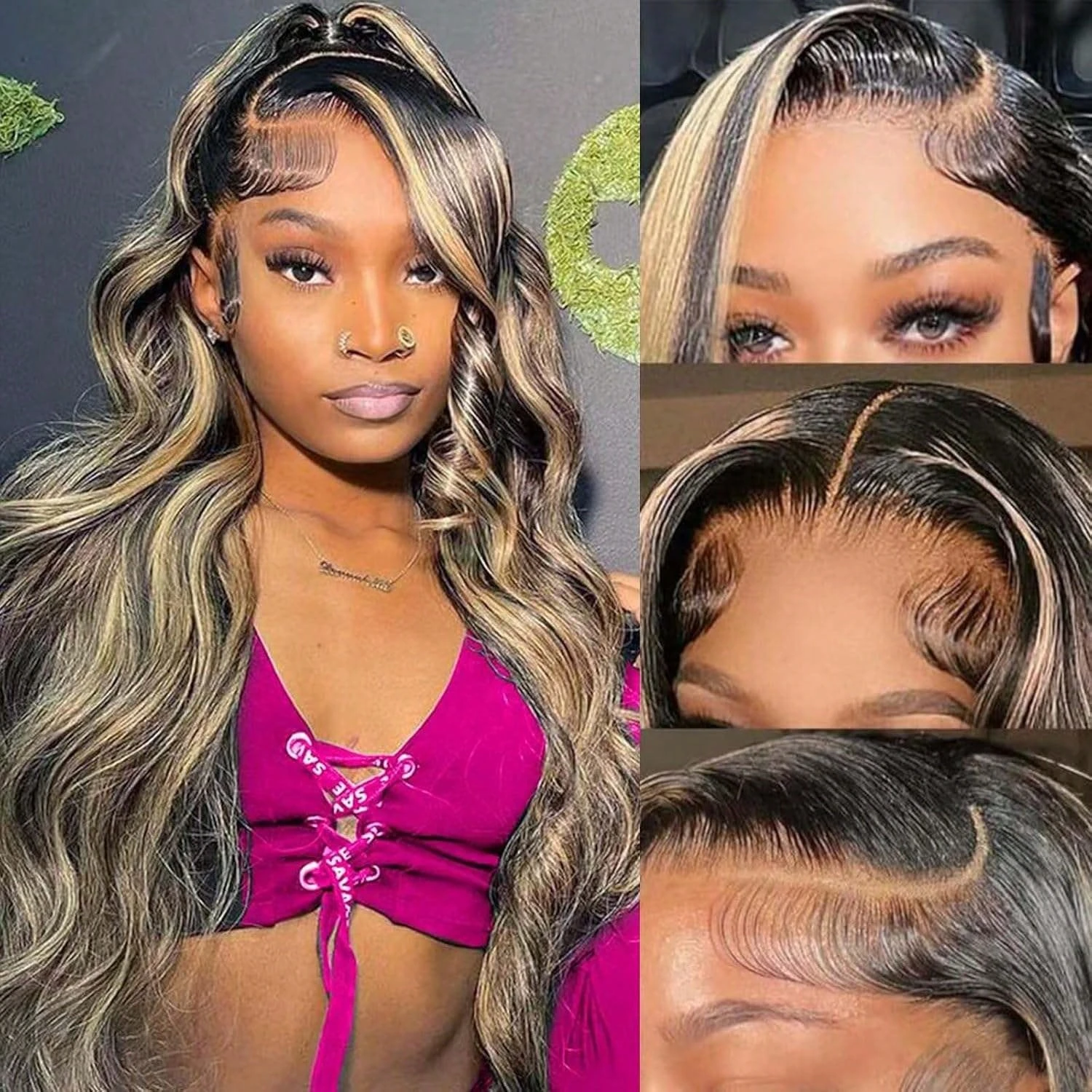 Pelucas de cabello humano ondulado con encaje Frontal transparente 13x4, peluca de encaje con cierre de reflejos a rayas marrones prearrancada para mujeres