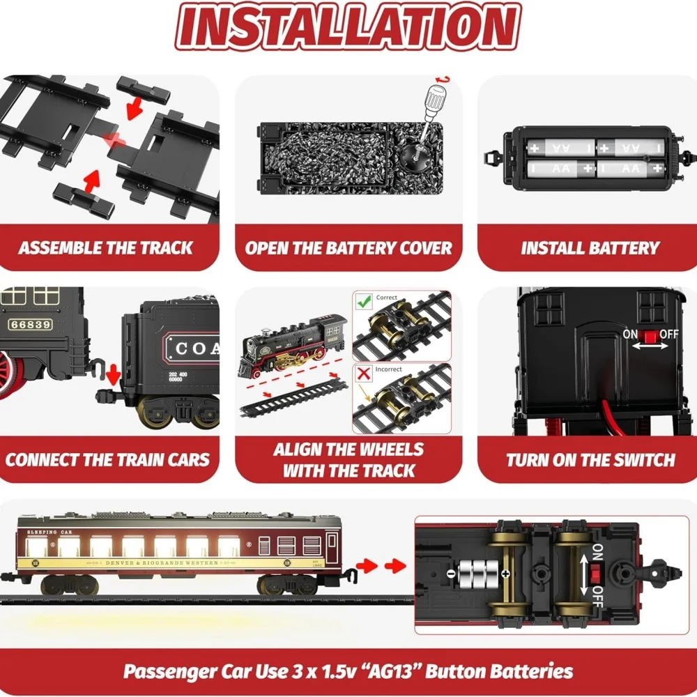Treno elettrico giocattolo con luci e set di treni sonori per sotto l'albero di Natale, modello di treno locomotiva con regali di compleanno su pista