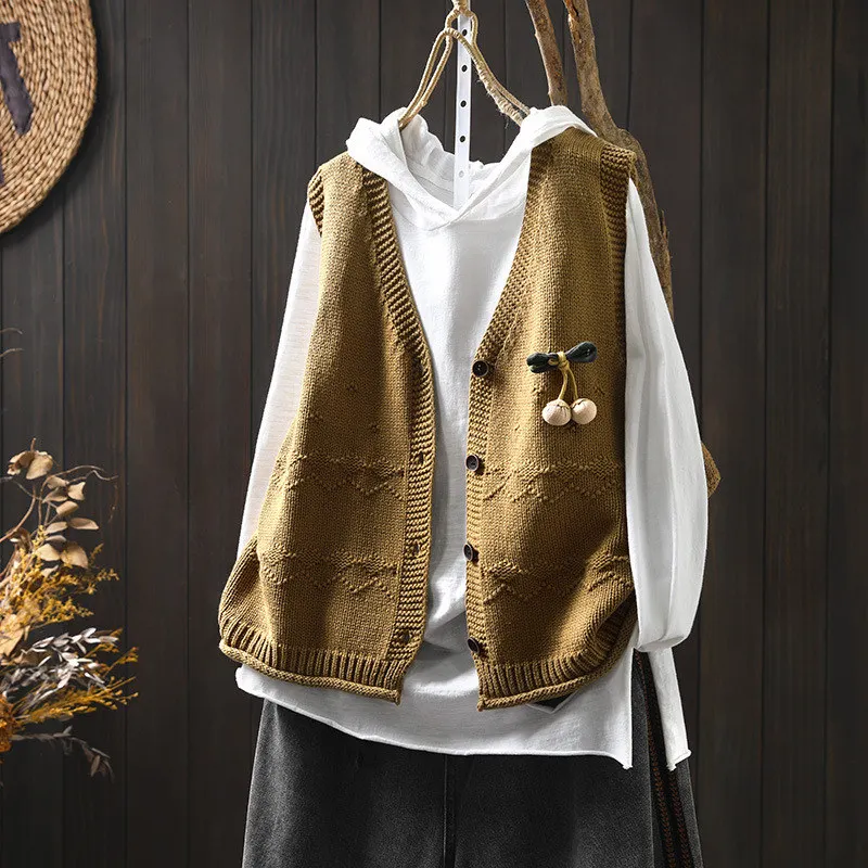 

Хлопковый трикотаж ручной работы с v-образным вырезом, свободный повседневный открытый кардиган, женский жилет, весенне-осенняя новая верхняя одежда в стиле ретро, накладка на плечо