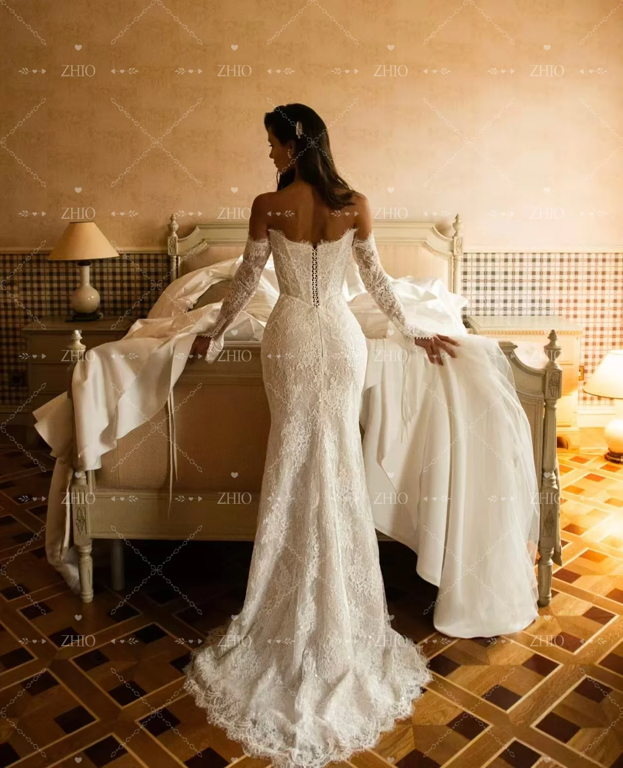 ZHIO خمر العاج الدانتيل فستان الزفاف الحبيب قبالة الكتف حورية البحر سويب تراين فستان زفاف Cutsomzied فاخر Vestido de novia