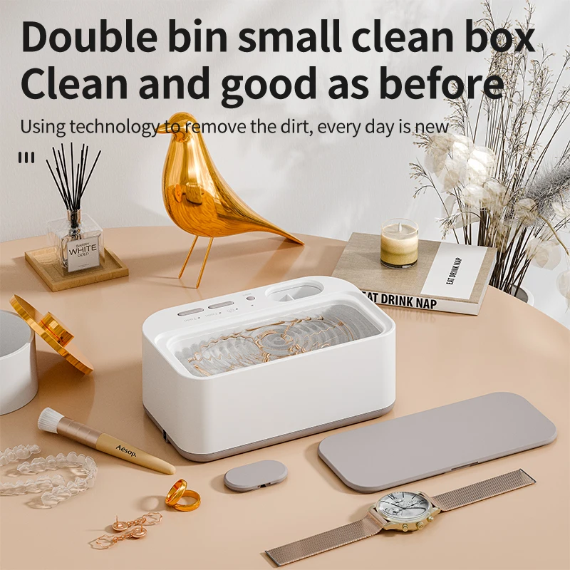 Adjustable Timer 48Khz Ultrasonic Cleaner, Double Bin Vibration Cleaning for Jewelry, Home Use