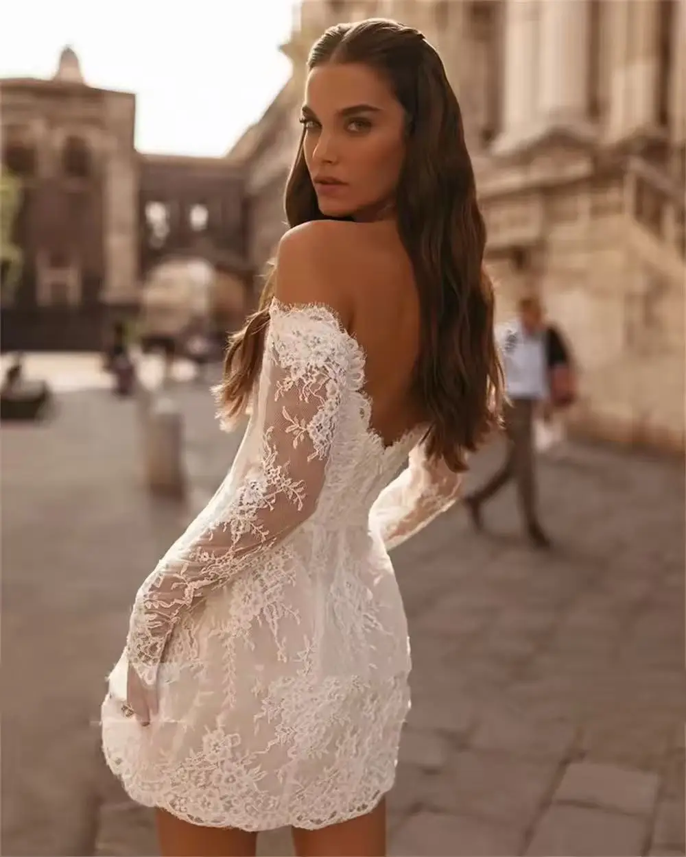 

Mini Ivory Lace Appliques Wedding Dresses Long sleeved off shoulder Above Knee Bride Prom Gown Bridal Gown Customized