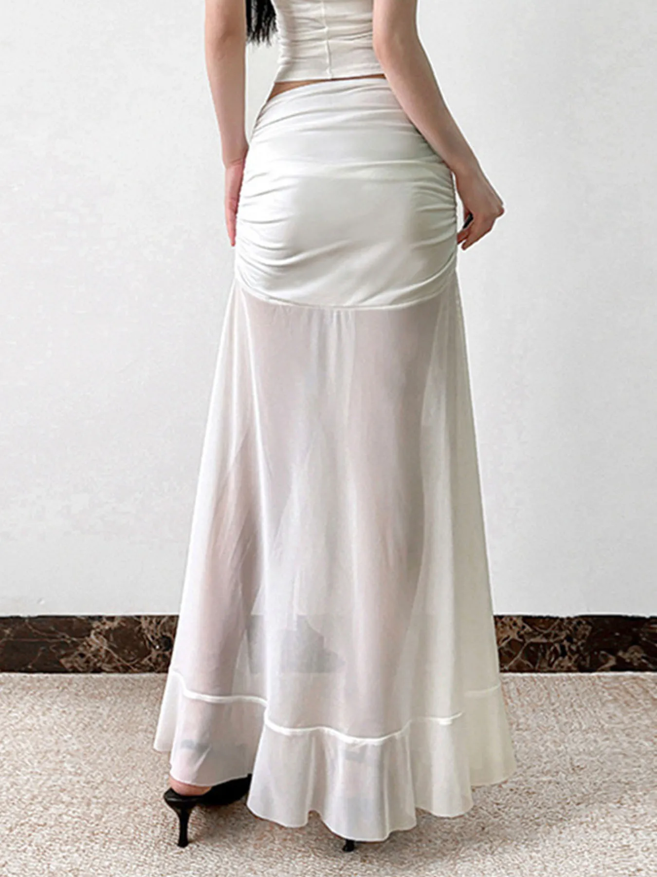 2026 Summer New French Elegant Drawn Half length Long Skirt with Lotus Leaf Lace, Split Perspective Mesh, Fish Tail Long Skirt