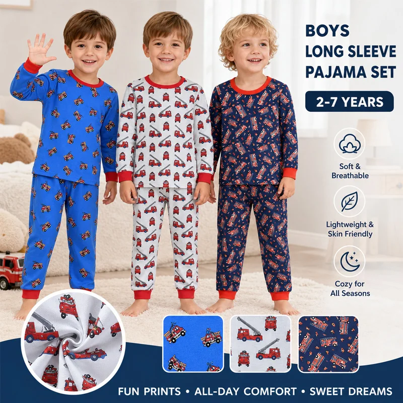 Little Hand Little Boys Cotton Nightwear Cartoon Fire Truck Allover Pattern Long Sleeve Pajama Loungewear Set 2-7 Years