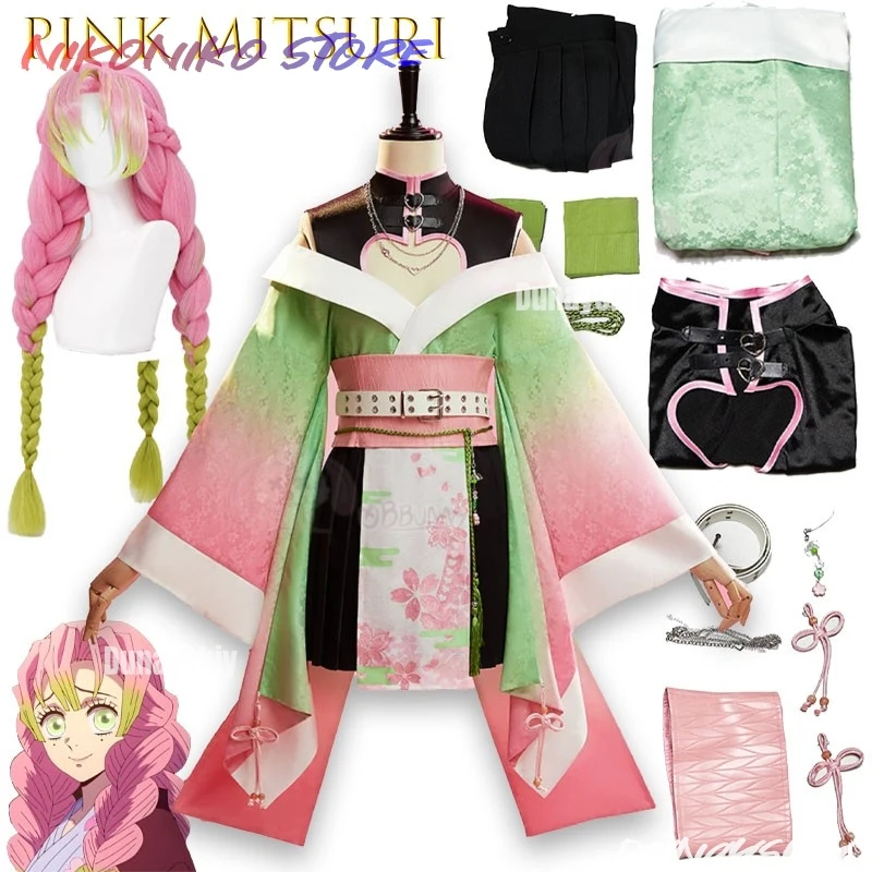 Pinkes Mitsuri Fanmade grünes Cosplay-Kostüm – Anime-Outfit „Restores Love Pillar“ für den Alltag – Beliebte Anime-Cosplay-Bekleidung