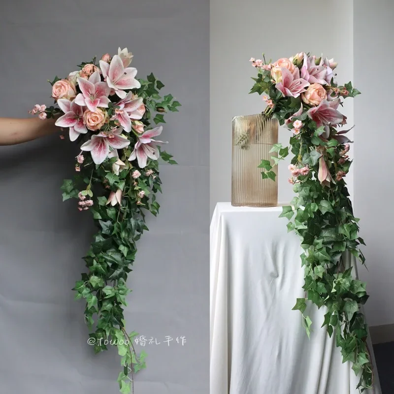 Pink Lily Bouquet Simulation Flower Rose Rattan Mix and Match Bouquet Vintage Mori Outdoor Travel Photography