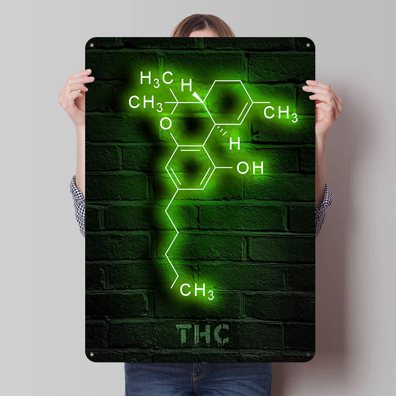 THC Molecule Neon Weed Tinplate Posters Customizable Wall Art Retro Vintage Metal Signs for Home Room Office Decor Wand Deko