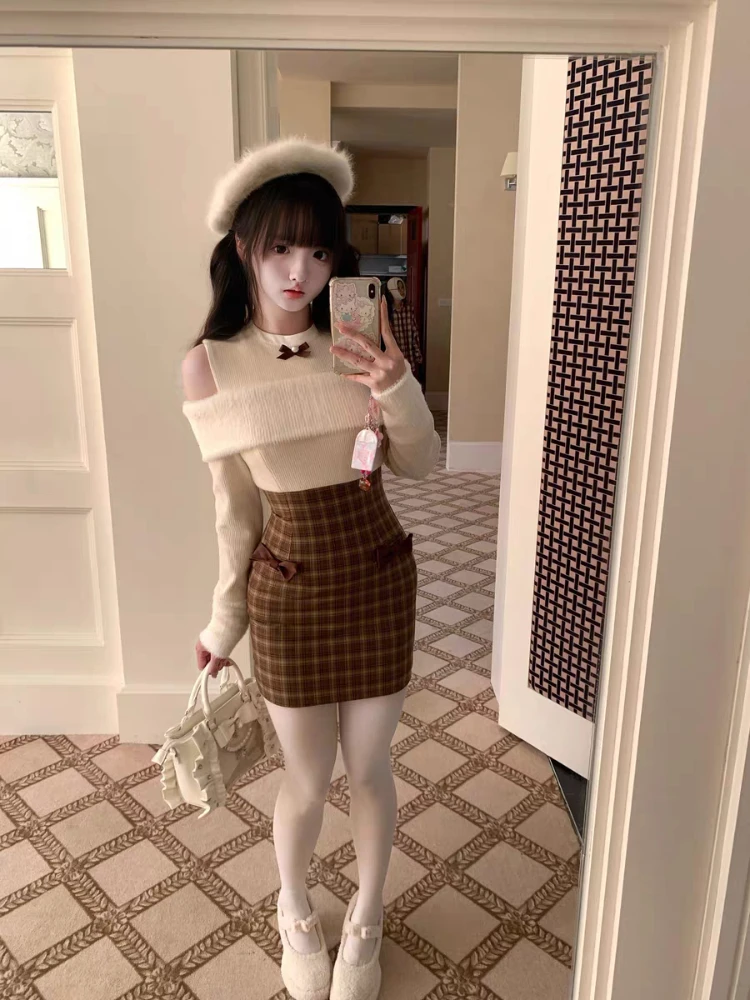 겨울 일본식 니트 스위트 패치워크 드레스 여성 귀여운 브라운 빈티지 체크무늬 파티 드레스 신상 하라주쿠 스타일 시크 의류 2025